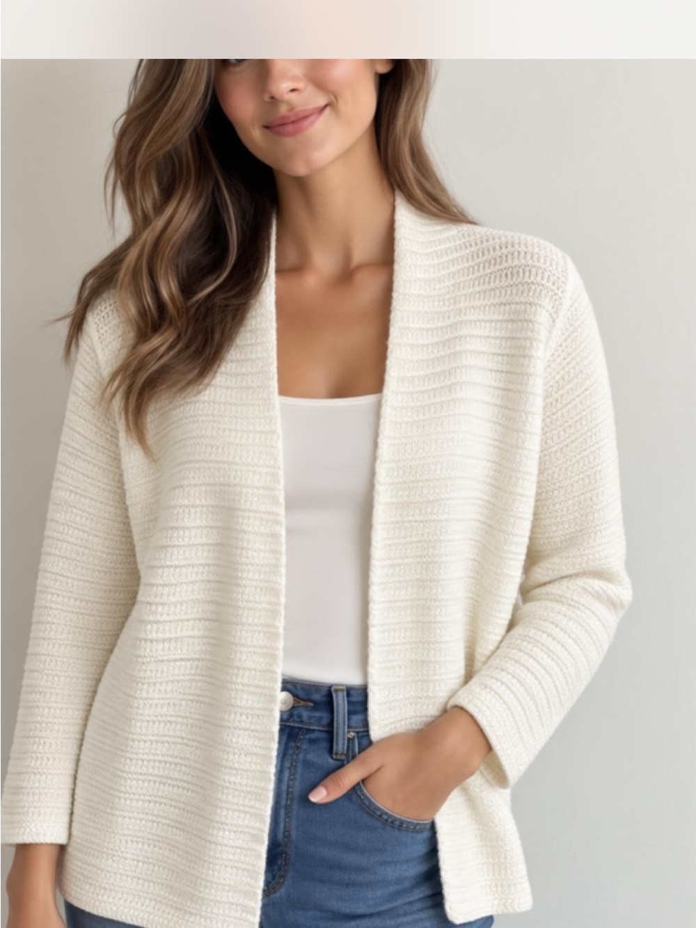 Eileen Fisher Ivory Open-Front Knit Cardigan